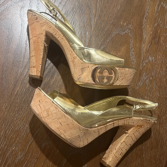 Gucci grease high heels authentic sexy gold wedges EUC - Picture 1 of 7
